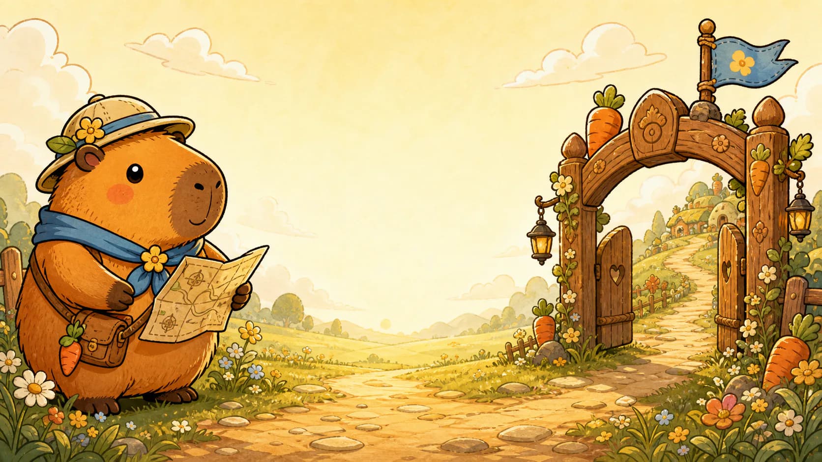 Dada đang mở bản đồ trước cổng Capy Kingdom