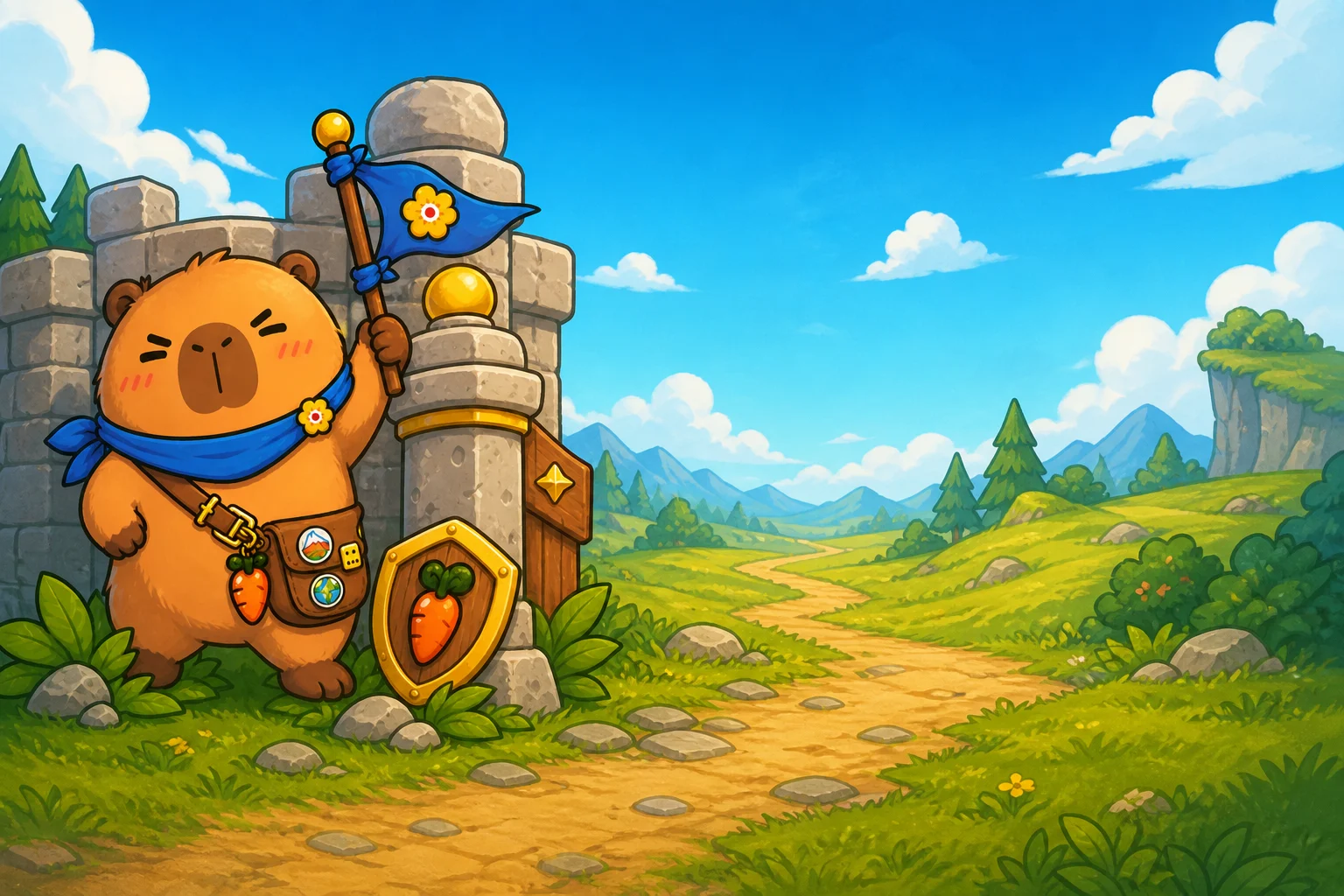 Dada cầm cờ đứng canh cổng thành Capy Kingdom